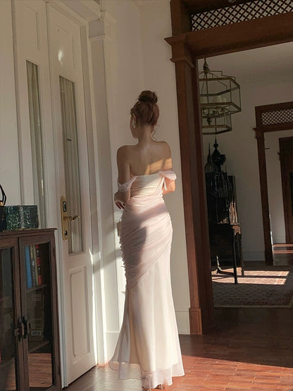 Robe de bal longue en mousseline rose avec papillon 3D et épaules dénudées, jolie robe de soirée J8612
