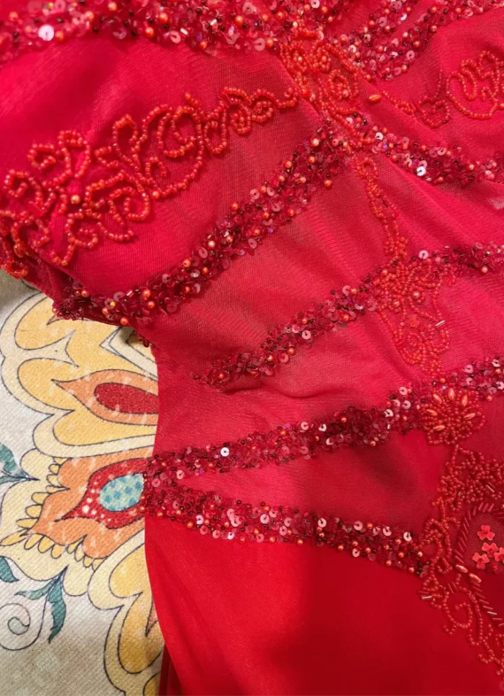 Robe de soirée sirène rouge en mousseline de soie et perles, bretelles spaghetti, sexy, J8772