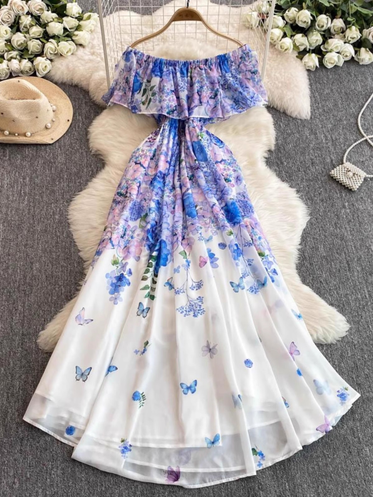 Ruffled Off-shoulder Long Chiffon Fairy Dress L42