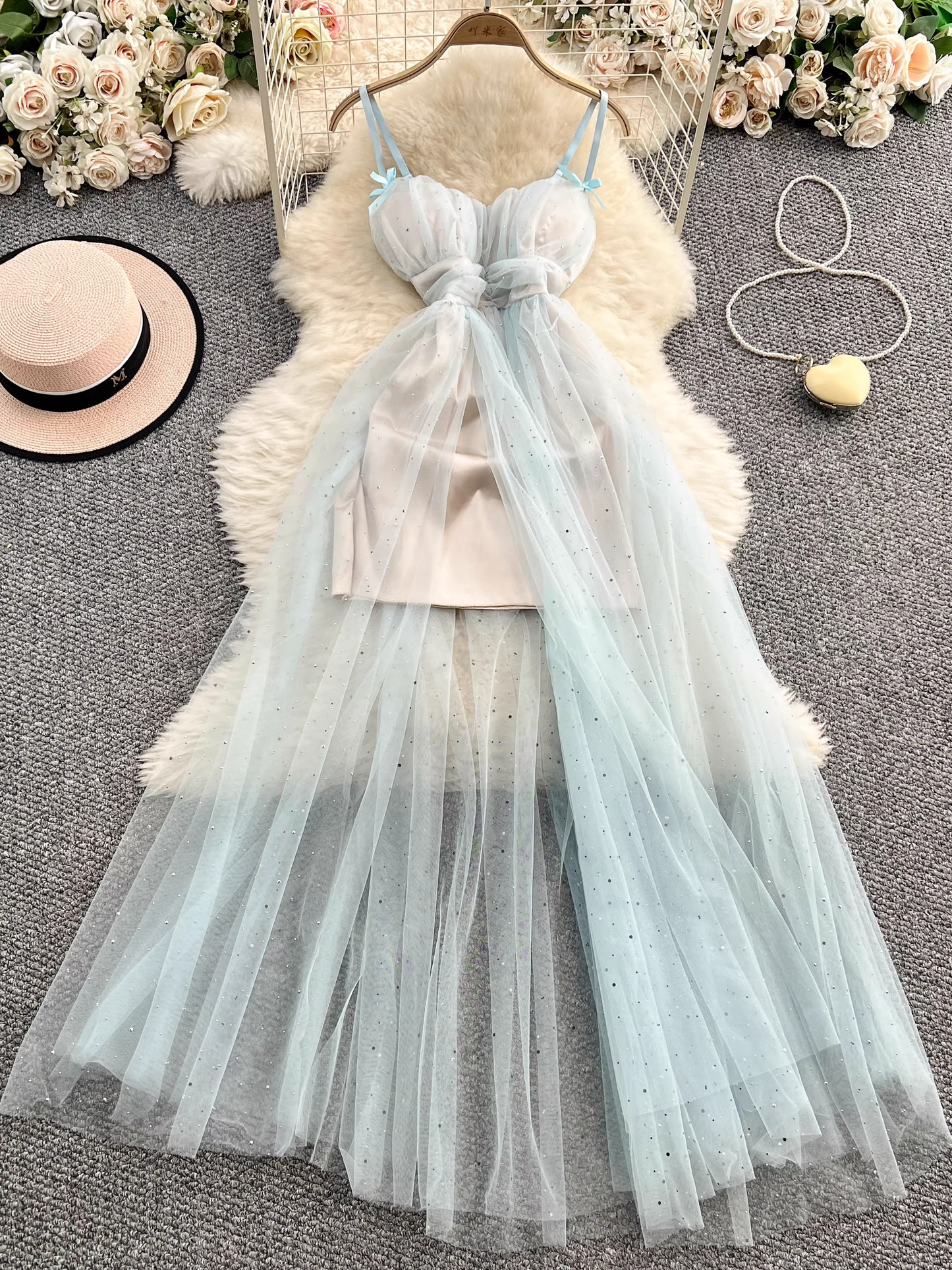 Fairy Tulle Bow Spaghetti Strap Summer Long Dress L43