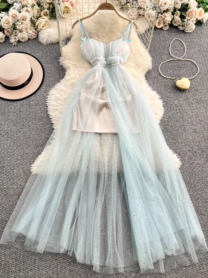 Fairy Tulle Bow Spaghetti Strap Summer Long Dress L43