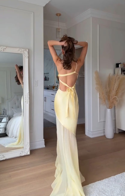 Gelbes Etuikleid mit einer Schulter, langes Ballkleid, elegantes rückenfreies Abendkleid J7140