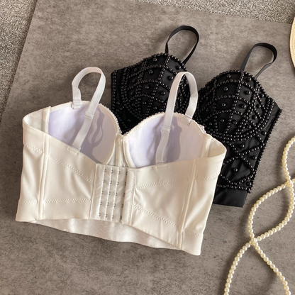 Haut corset court à bretelles spaghetti et perles sexy L41