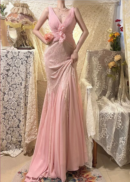 Robe de bal longue rose en mousseline de soie et dentelle à col en V, robe de soirée formelle J8771