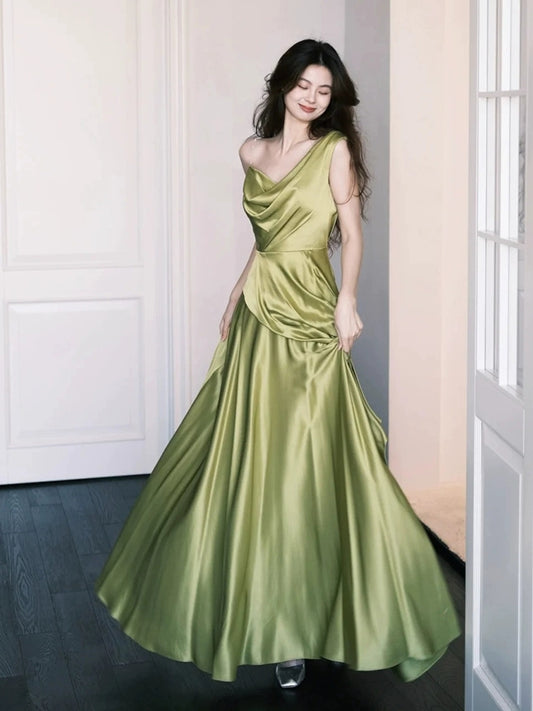 Robe de bal longue en satin vert coupe trapèze, simple, pour demoiselle d'honneur, J8622