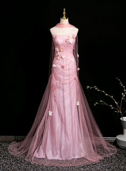 Robe de bal longue rose sirène en tulle sans bretelles et fleurs J8158