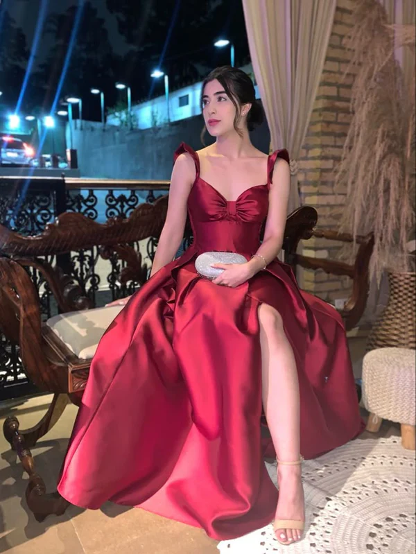 A Line Burgundy Slit Long Prom Dresses Birthday Outfits Graduation Dresses J7117