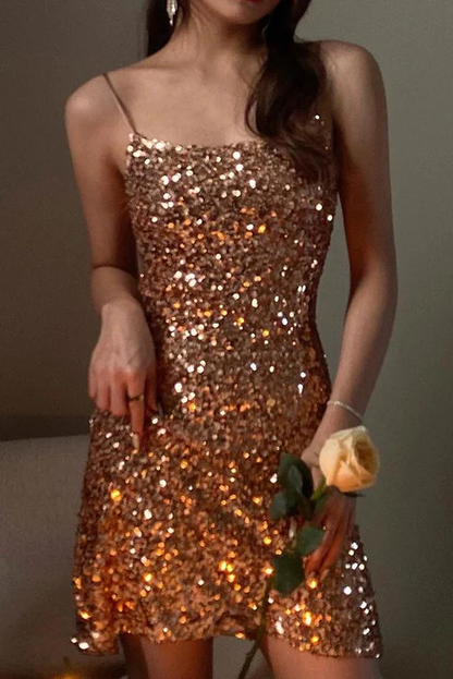 Robe d'anniversaire à bretelles spaghetti scintillantes, robe de soirée courte à paillettes dorées J6956