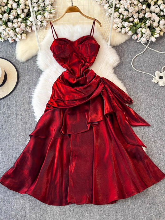 Sexy Satin Backless Dress Summer Irregular Ruffled Long Dress L45