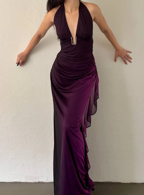 Sheath Halter Purple Chiffon Long Prom Dress Vintage Evening Dress J7109