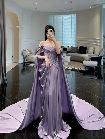 Robe de soirée longue violette coupe trapèze, robe de bal formelle J8742
