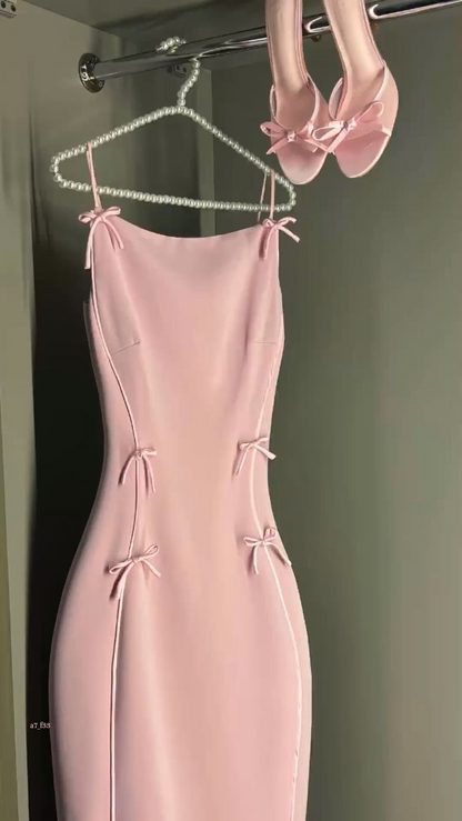 Robe de bal longue rose à bretelles spaghetti et nœud papillon, jolie tenue J8118