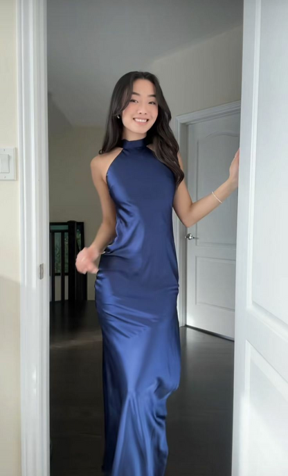 Marineblaues Etuikleid aus Satin, lang, formelles Abendkleid J8232