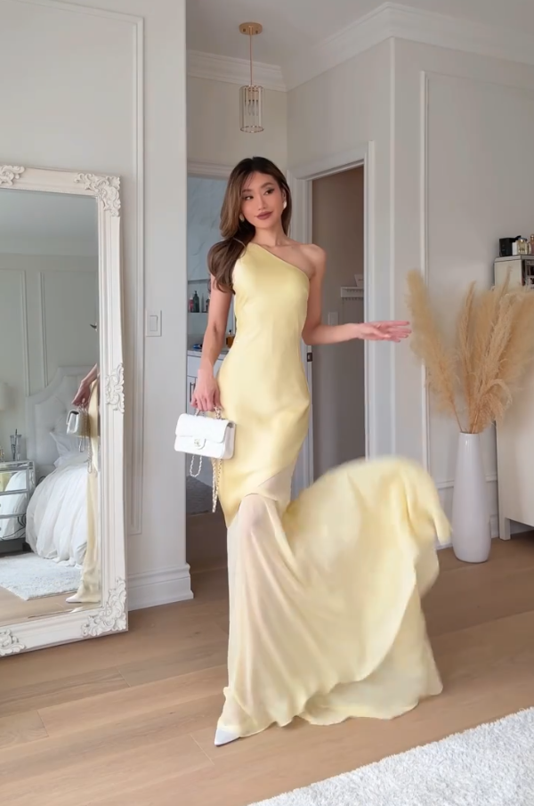 Gelbes Etuikleid mit einer Schulter, langes Ballkleid, elegantes rückenfreies Abendkleid J7140