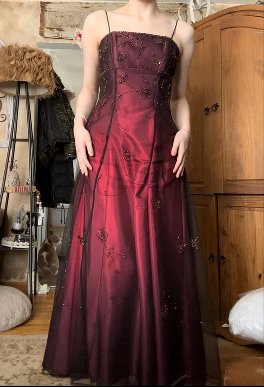 Spaghetti Straps Burgundy Beaded Long Prom Dress Vintage Evening Dress J8089