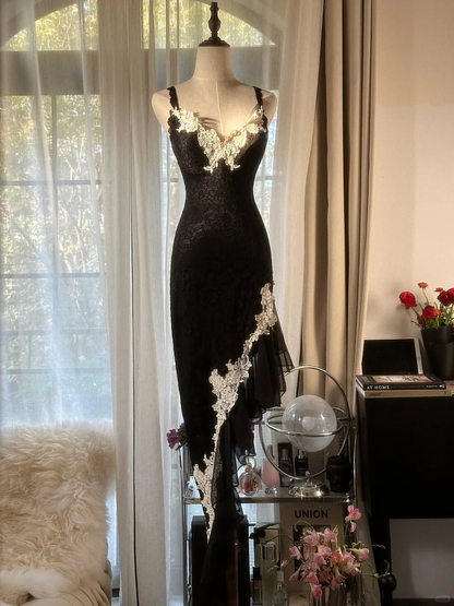 Black Lace Vintage Evening Dresses Ruffle Long Party Gowns J8327