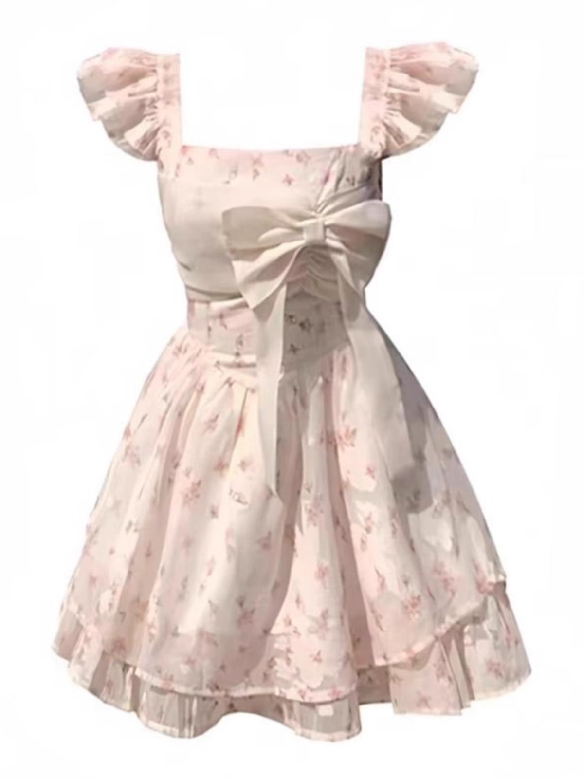 Sweet Bow Floral Dress Women's Summer Fluffy Short Dress L36