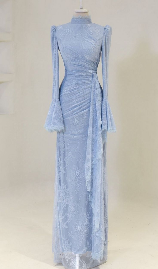 Schlichtes Abendkleid mit langen Ärmeln und Spitze, formelles Partykleid J8288