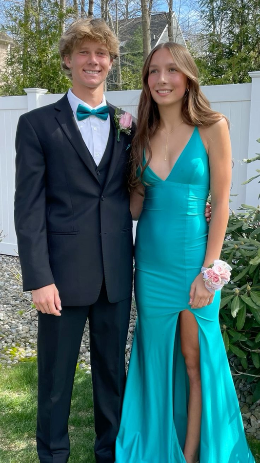 Robe de soirée sirène longue en satin bleu à col en V et fente J8780