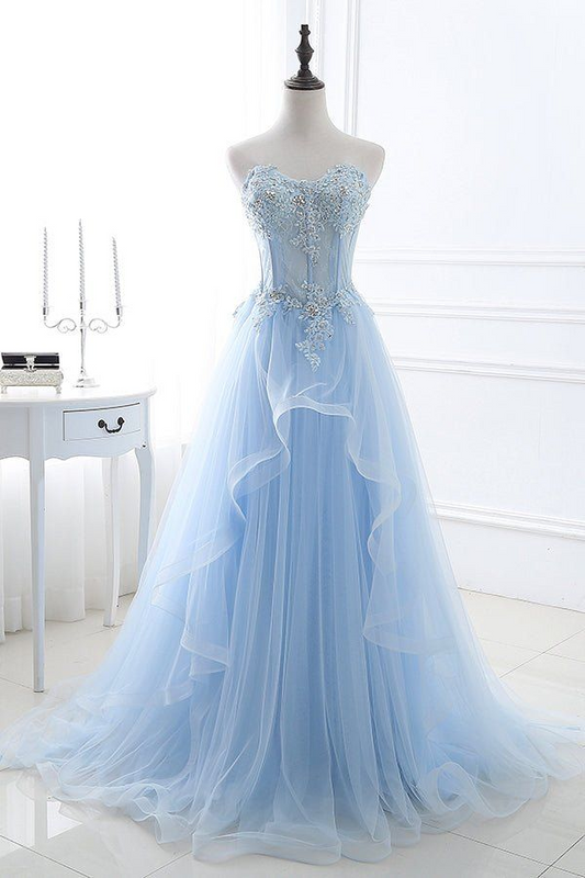 Light Blue Applique Long Prom Dress Tulle Formal Dress J8460