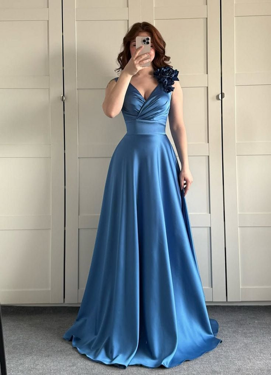 Robe de bal longue en satin bleu coupe trapèze, robe de demoiselle d'honneur J8246
