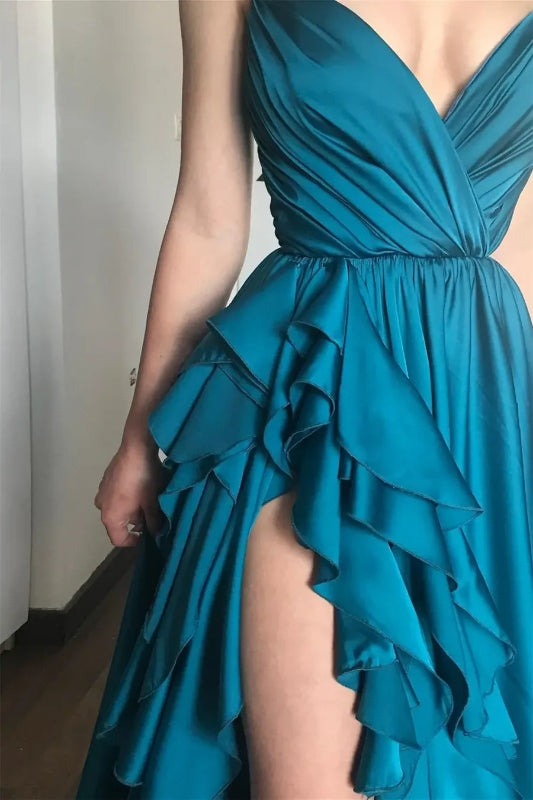V-Neck Spaghetti Straps A-Line Ruffled Party Prom Dress J8349