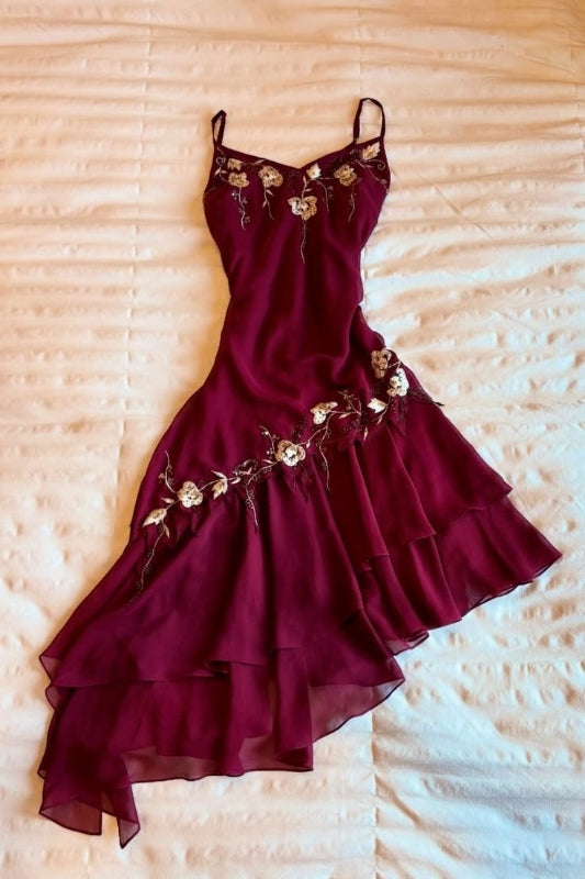 Burgundy V Neck Chiffon Appliques Homecoming Dress Birthday Outfits J8125