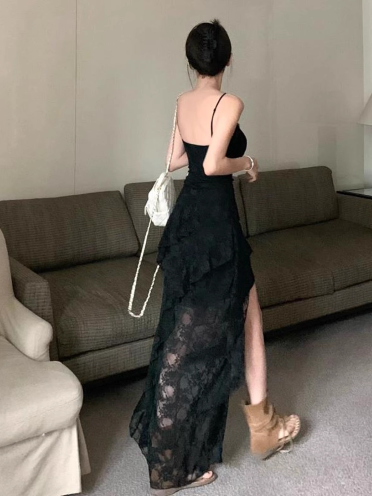 Black Irregular Lace Dress  Ruffled Spaghetti Straps Dress L38