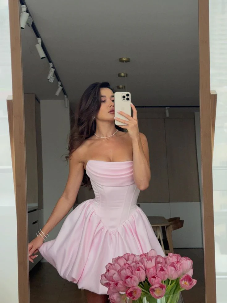 Pink A-Line Homecoming Dress Strapless Mini Graduation Dress J7273