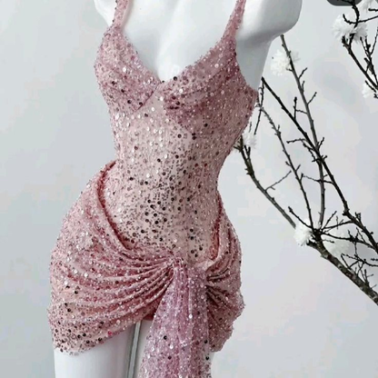 Robe de soirée rose à paillettes et bretelles, robe d'anniversaire J7240