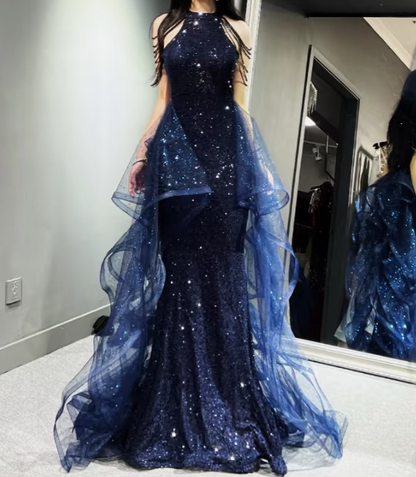 Robe de soirée sirène bleu marine à paillettes et volants J6616