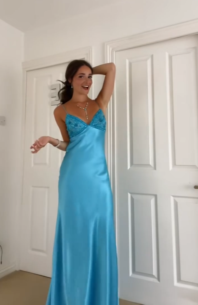 Robe de bal sirène longue bleue à bretelles spaghetti en satin J7843