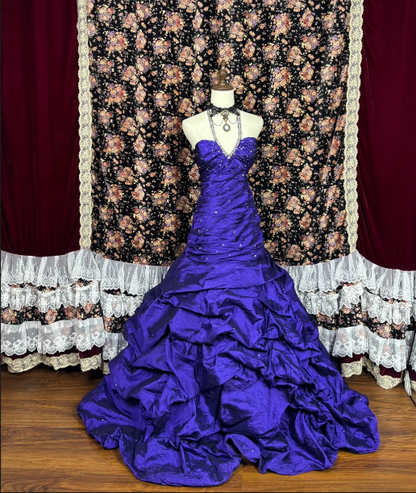 Perlenbesetztes, langes Ballkleid aus lila Satin im Vintage-Stil, formelles Abendkleid J8633