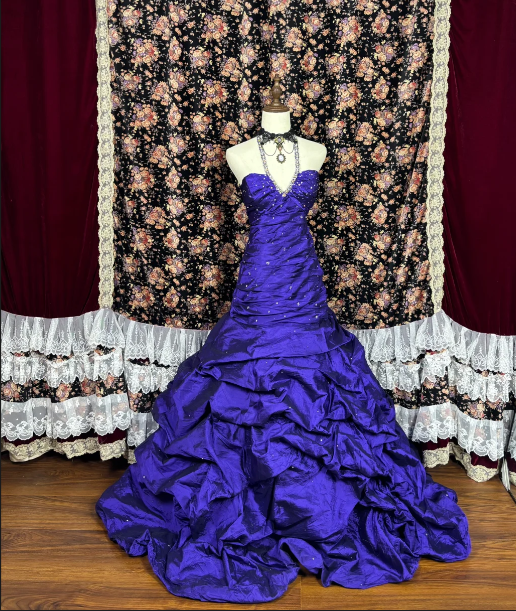 Beaded Purple Satin Long Prom Dress Vintage Formal Evening Dress J8633