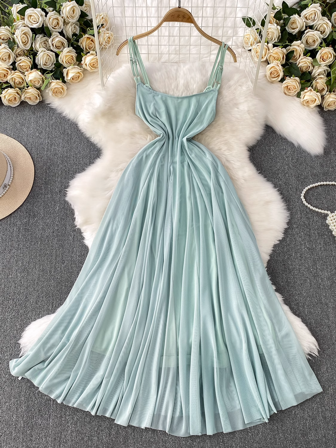 Light Blue Spaghetti Strap Dress Mesh Holiday Maxi Dress L44