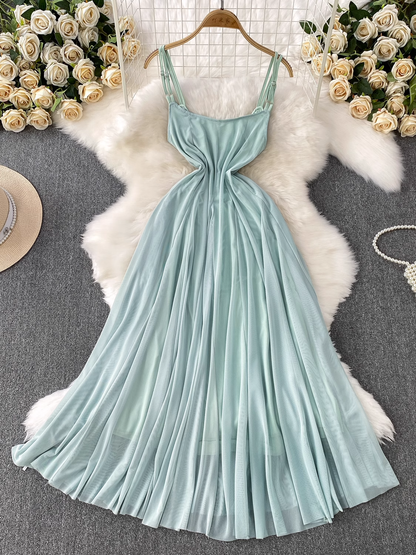 Light Blue Spaghetti Strap Dress Mesh Holiday Maxi Dress L44