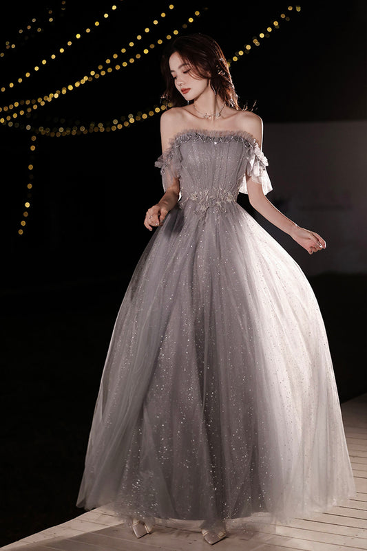 Off Shoulder A Line Tulle Prom Dress Shiny Gray Evening Formal Dress 675