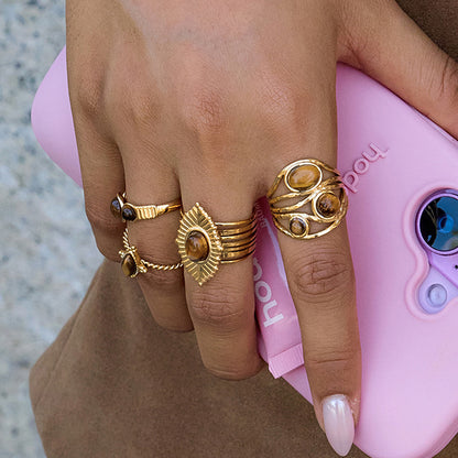 Bague ronde ouverte vintage en acier inoxydable doré G15