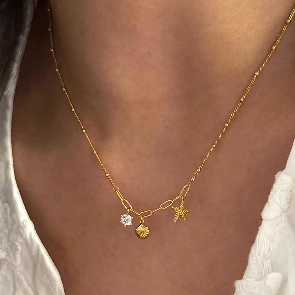 Stainless Steel Necklace with Shell and Starfish Pendant  G3
