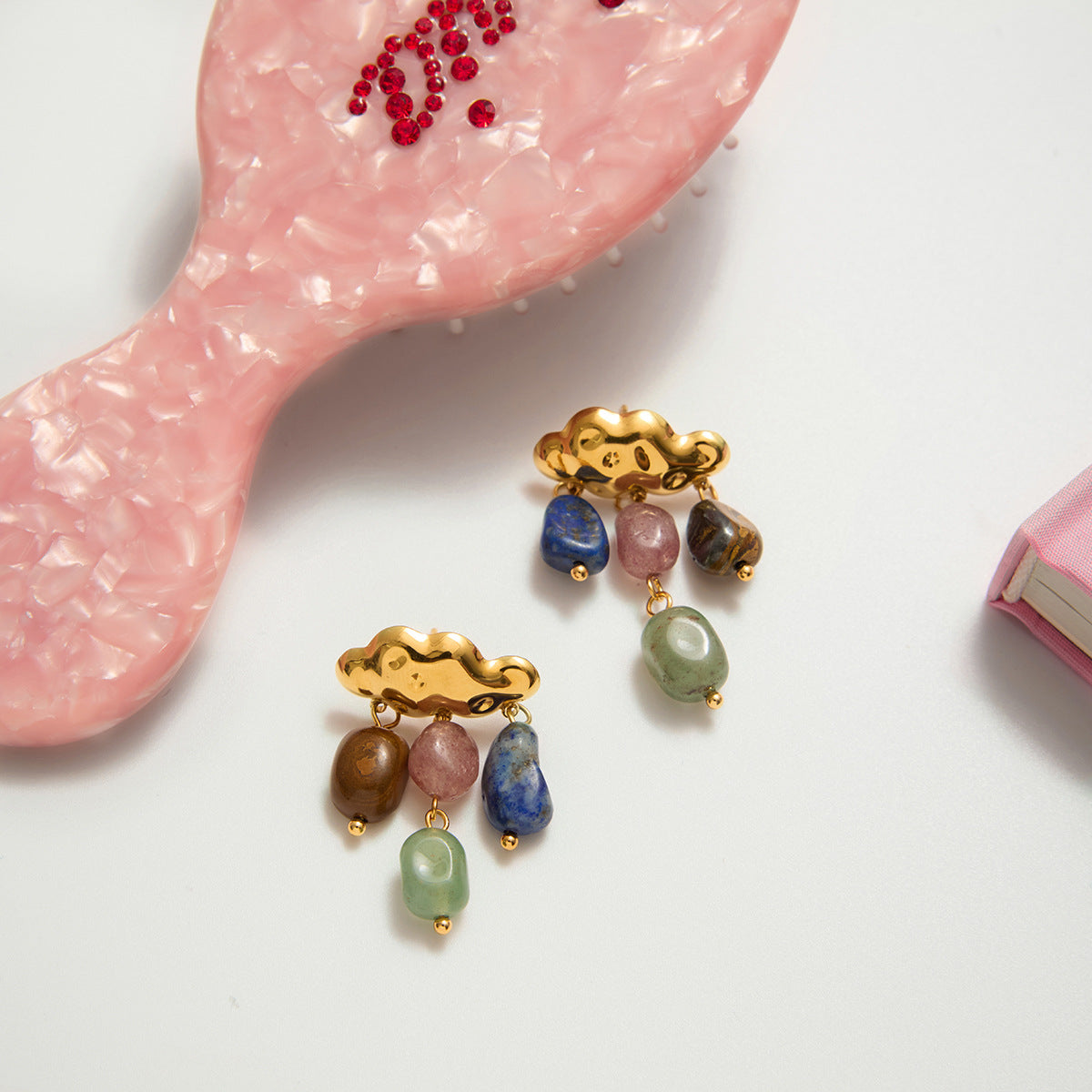 Boucles d'oreilles pendantes en acier inoxydable avec pampilles en pierre naturelle colorée rétro G30