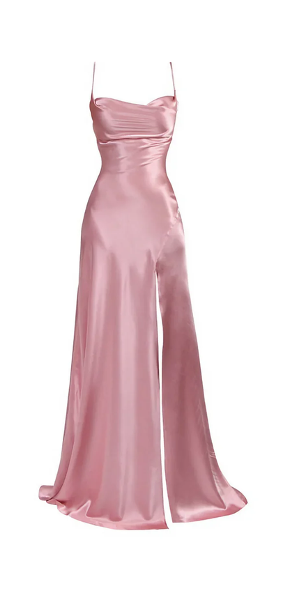 Spaghetti Straps A Line Pink Satin Prom Dresses Maxi Dress With Slit J2558