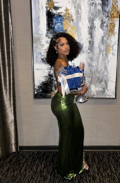 Robe de soirée fourreau verte longue avec fente pour fille noire J2617