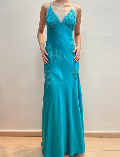 Robe de bal longue en satin vert coupe trapèze, tenue de soirée formelle J2669