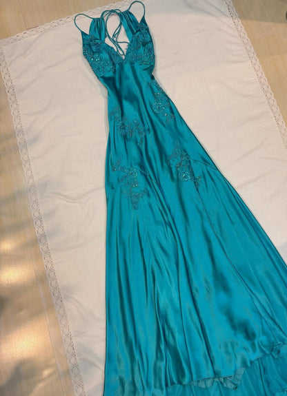 Robe de bal longue en satin vert coupe trapèze, tenue de soirée formelle J2669