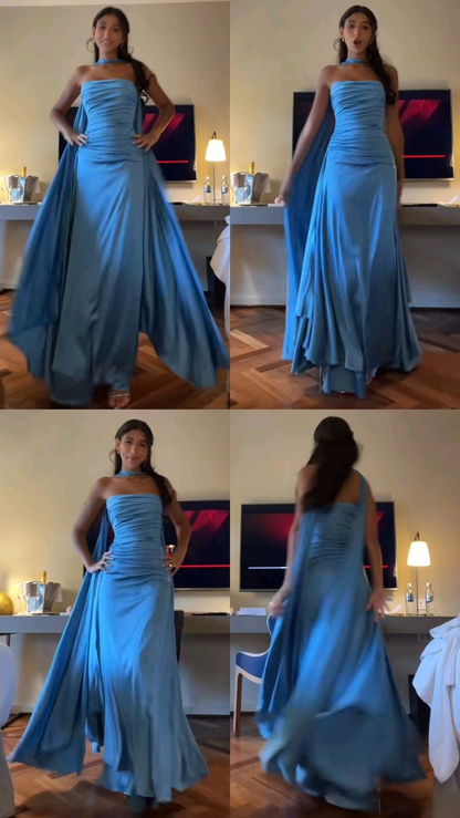 Robe de bal longue en satin bleu sans bretelles, coupe trapèze, tenue de soirée formelle J2877