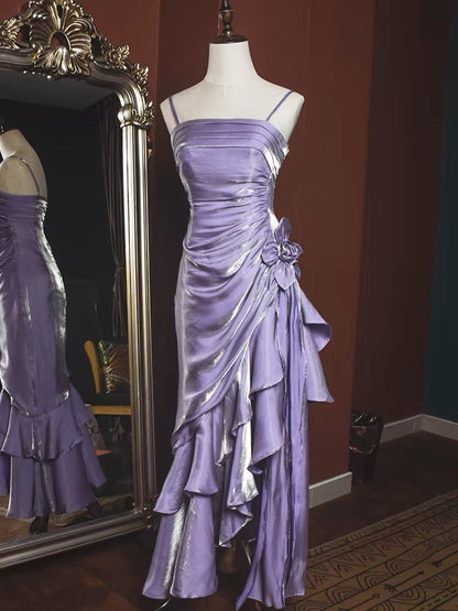 Vintage Spaghetti Straps Purple Mermaid Ruffled Prom Dress J2935