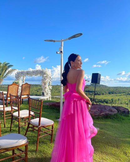 Robe de soirée bustier en tulle rose vif, coupe trapèze, robe de bal J2979