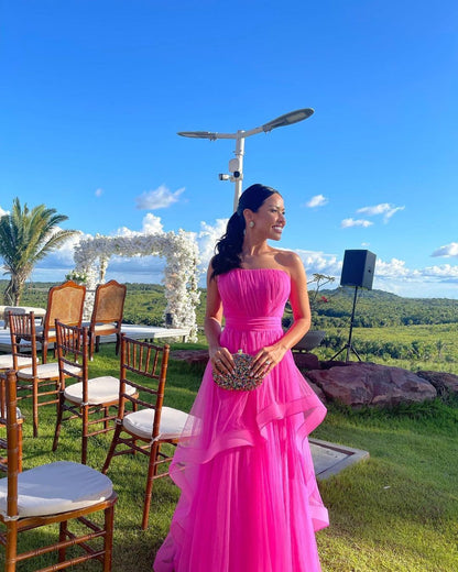 Robe de soirée bustier en tulle rose vif, coupe trapèze, robe de bal J2979