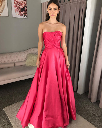 Trägerloses, langes Ballkleid aus Satin in A-Linie in Rosa J2983