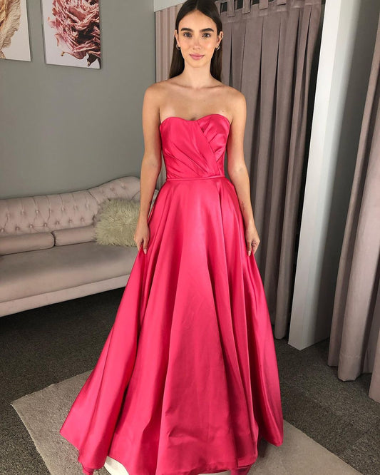 Strapless Pink A Line Satin Long Prom Dress  J2983